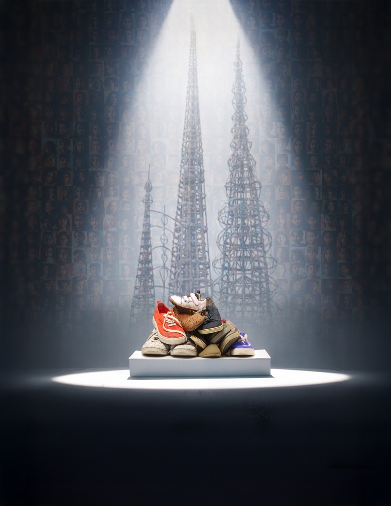 The Silent March — shoes of children lost to violence beneath the Watts Towers, from Nothing to See Here: Watts